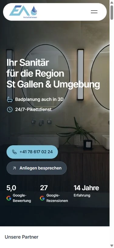 Mobile EA-Website mit kompaktem Menü, Leistungen und gut erreichbaren Kontaktbuttons