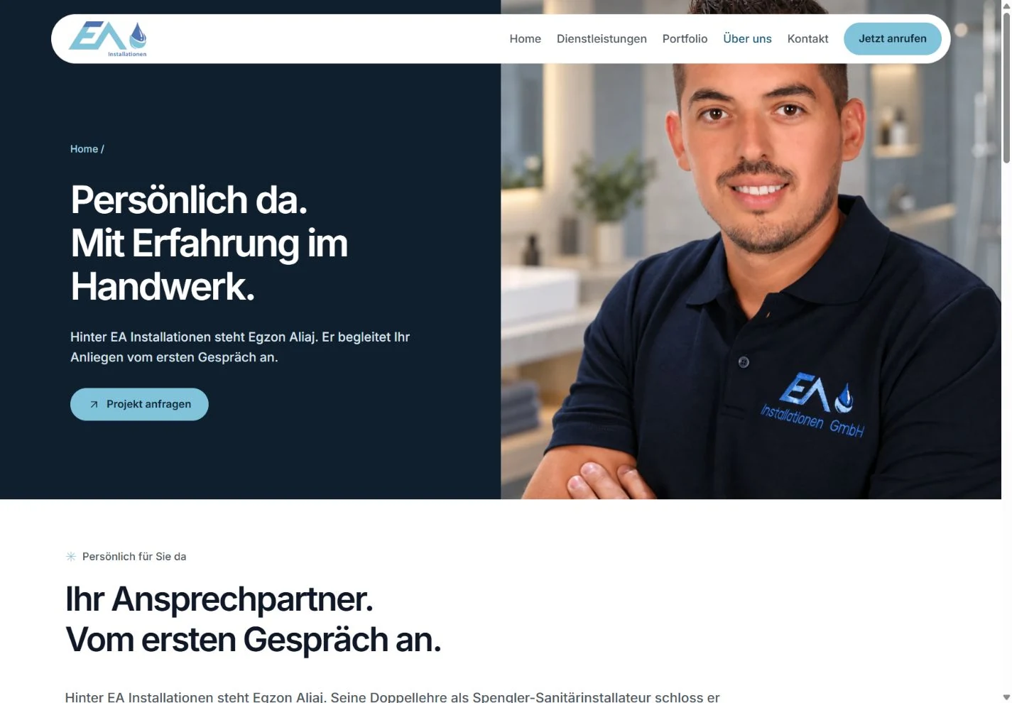 Über-uns-Seite mit Egzon Aliaj, Inhaber von EA Installationen