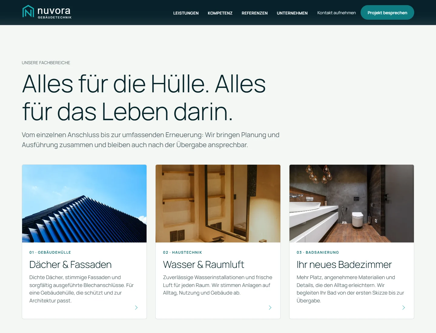 Echter Screenshot der Nuvora-Fachbereiche für Dächer, Haustechnik und Bäder