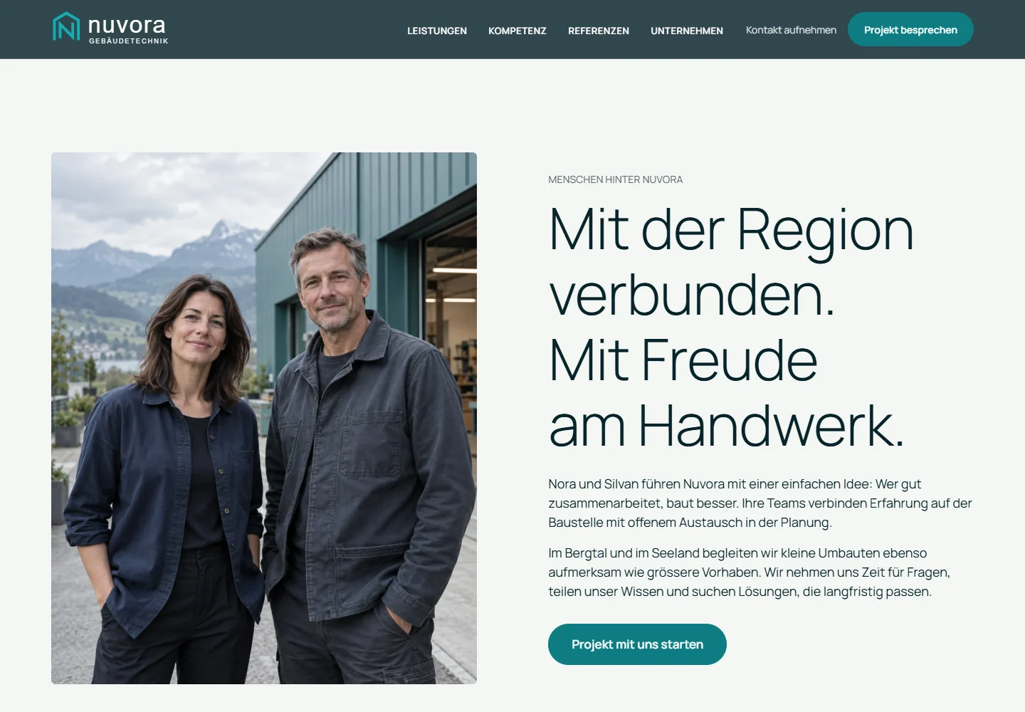 Echter Screenshot der Nuvora-Teamvorstellung mit KI-Porträt der fiktiven Nora und Silvan