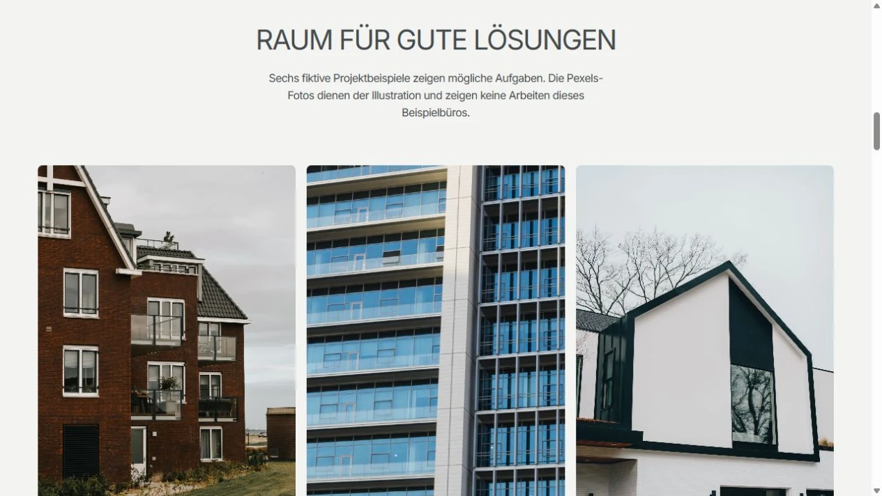 Projektgalerie der RASTER-Demo mit drei grossen Architekturaufnahmen