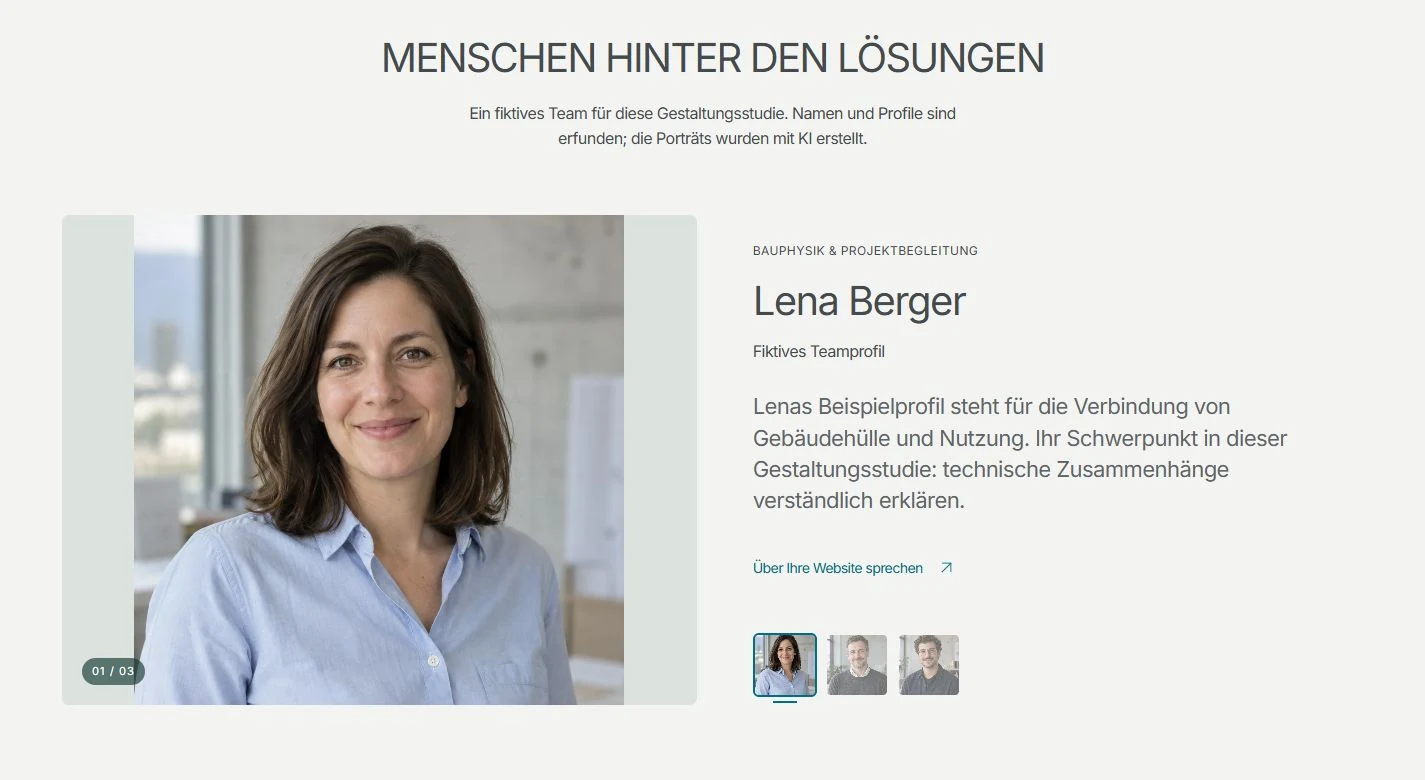 Teamvorstellung der RASTER-Demo mit Porträt, Profil und Personenauswahl