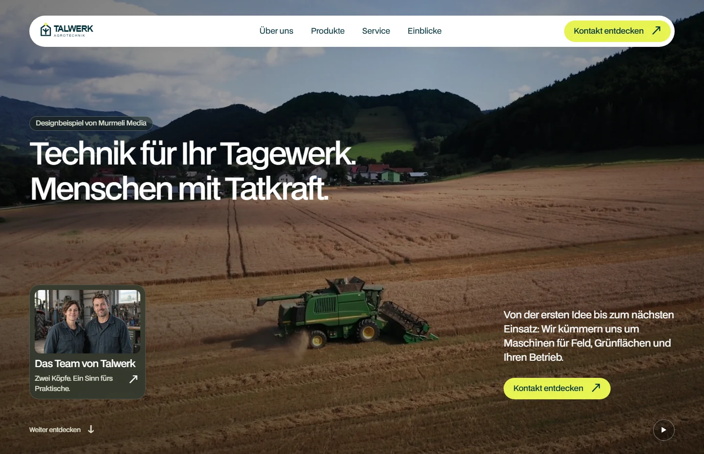 Echter Screenshot der Talwerk-Startseite mit Erntevideo, klarer Navigation und gelbgrünen Kontaktbuttons