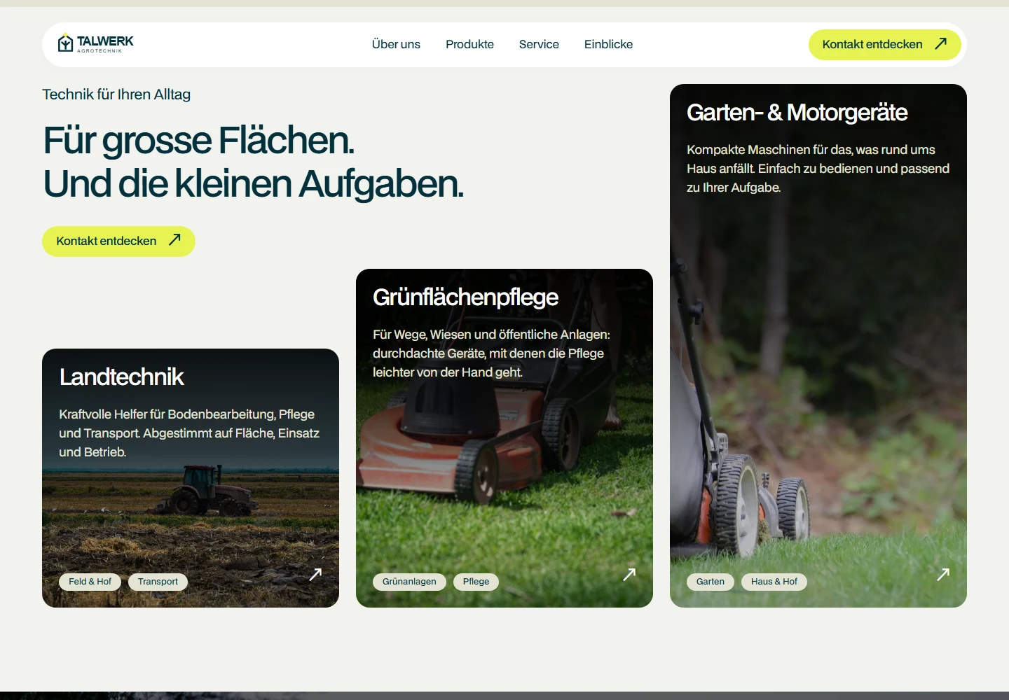 Echter Screenshot der Talwerk-Produktbereiche Landtechnik, Grünflächenpflege und Garten- und Motorgeräte