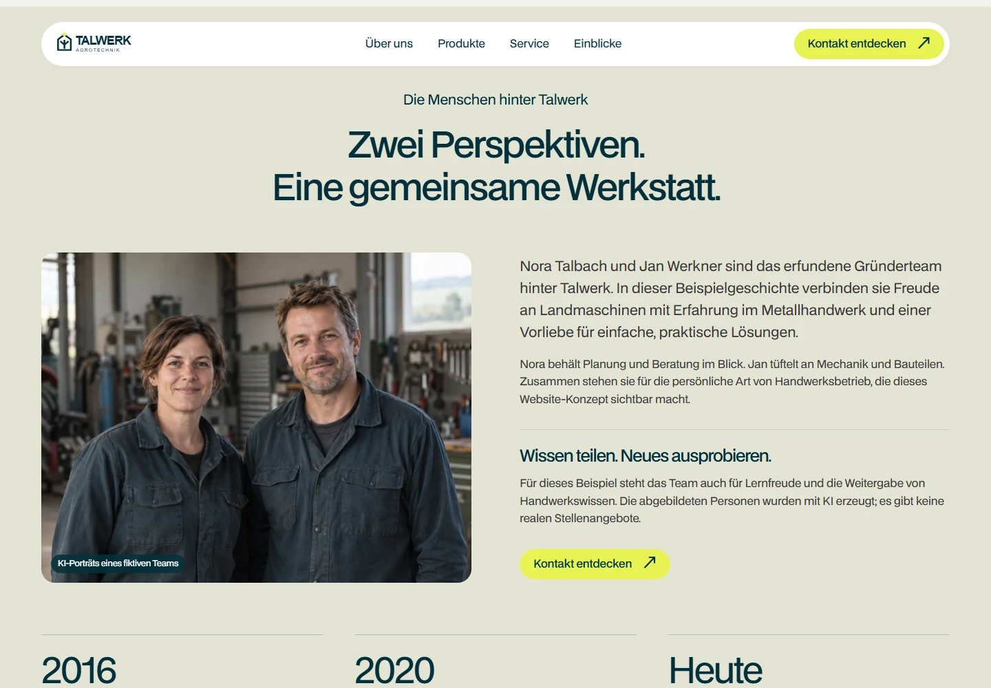 Echter Screenshot der Talwerk-Teamvorstellung mit KI-Porträt der fiktiven Nora und Jan