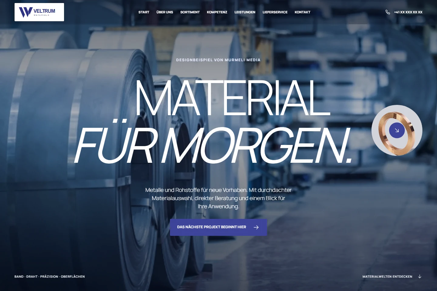 Veltrum Materials: Website-Ansicht der freien Designstudie